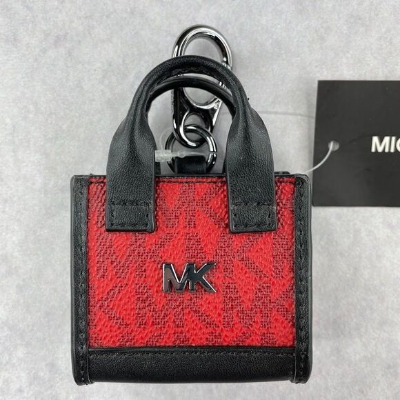 MICHAEL KORS Micro Signature Logo Earbud Case AirPod Case Red Womens Purse Fob - Picture 2 of 14